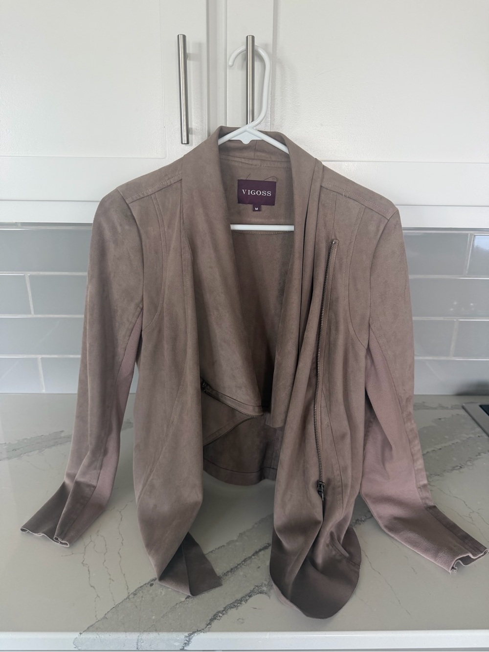 Vigoss Taupe/Brown Faux-Suede Draped Zip Jacket